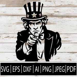 Puede incluir: Ilustración en blanco y negro del Tío Sam señalando con el dedo. Lleva un sombrero de copa con estrellas, una pajarita y un traje. La imagen incluye opciones de formato de archivo: SVG, EPS, DXF, AI, PNG, JPEG y PDF.