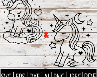 Unicorn SVG Bundle | 2 Cute Baby Girly Unicorn Clipart | Kawaii Unicorn Outlines for Cricut Sub Laser CNC | Svg Png Jpg Dxf Pdf Ai Eps