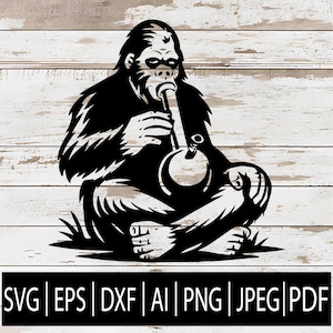 May include: Black and white illustration of a gorilla smoking a bong, sitting cross-legged. The image is on a white wooden background. The bottom of the image has the text: SVG | EPS | DXF | AI | PNG | JPEG | PDF.