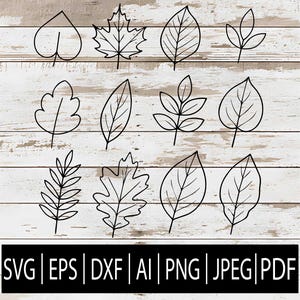 May include: A collection of black line art leaf illustrations in various shapes and sizes. The leaves are set against a white and light brown wood grain background. The bottom of the image contains the text "SVG | EPS | DXF | AI | PNG | JPEG | PDF".