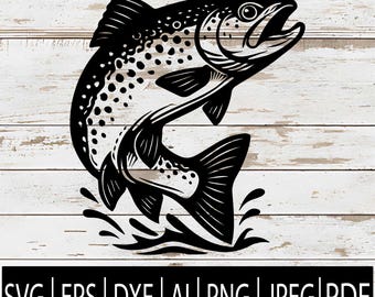 Peixe truta pulando SVG | Design de peixe truta marrom - Clip-art vetorial para Cricut, silhueta sub Laser CNC | Svg Eps Png Dxf Jpg Pdf AI
