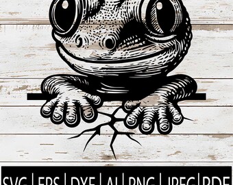 May include: Black and white illustration of a gecko peeking over a wooden surface. The gecko has large eyes and detailed hands. The image includes the text "SVG | EPS | DXF | AI | PNG | JPEG | PDF".