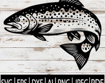 May include: Black and white illustration of a trout fish with spots, fins, and a tail. The fish is set against a white wooden background. The bottom of the image contains the text "SVG | EPS | DXF | AI | PNG | JPEG | PDF".
