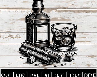 Whisky y cigarro SVG / Botella de whisky vieja y vaso de bourbon / Decoración de cueva de hombre Clipart para Cricut Sub Laser CNC / Svg Eps Dxf Png Pdf Jpg Ai