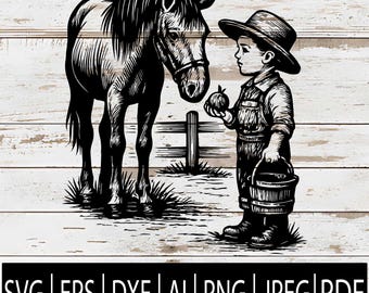 Pequeno Cowboy Dando uma Maçã a um Cavalo SVG | Criança do Oeste Alimentando um Pônei Arquivo para Gravação a Laser para Cricut, Sub Laser e CNC | SVG EPS PNG DXF JPG PDF AI