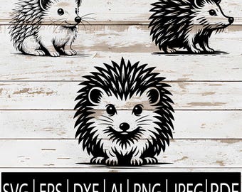 May include: Three black and white hedgehog illustrations on a white wood background. The hedgehogs are in different poses, with one sitting, one in profile, and one facing forward. Below the illustrations are the file type abbreviations: SVG, EPS, DXF, AI, PNG, JPEG, and PDF.
