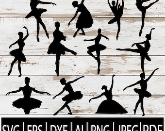 May include: Black silhouette images of ballet dancers in various poses against a white and light brown wood grain background. The bottom of the image contains the text "SVG | EPS | DXF | AI | PNG | JPEG | PDF".