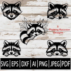 May include: Five peeking raccoon designs in black and white. The image includes SVG, EPS, DXF, AI, PNG, JPEG, and PDF file formats. The text "5 Peeking Raccoon Designs" is also included.