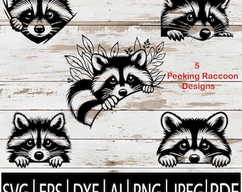 Paquete de 5 SVG de mapaches asomando / Imágenes prediseñadas de mapaches asomando / Archivos de corte de animales para Cricut y láser SvgEps Png Jpg Dxf Ai Pdf descarga digital