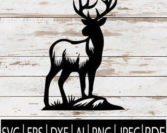Elk on Boulder SVG | Wildlife Mountain Scene Silhouette | Rustic Hunting Clipart Design for Cricut Sub Laser CNC |Svg Eps Dxf Pdf Ai Png Jpg