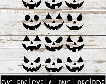 May include: A collection of black jack-o'-lantern face designs in various expressions. The image includes a row of file type icons: SVG, EPS, DXF, AI, PNG, JPEG, and PDF. The faces are set against a white wood-grain background.