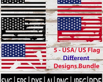 May include: A bundle of five different designs of the USA/US flag. The designs include the American flag in black and white, and red, white, and blue. The image also includes the text "5 - USA/ US Flag Different Designs Bundle".