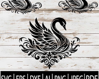 May include: Black swan vector art in a decorative style. The image features three swan designs, with the main one centered and larger. The swans have detailed wing and body patterns. The bottom of the image displays file format options: SVG, EPS, DXF, AI, PNG, JPEG, and PDF.