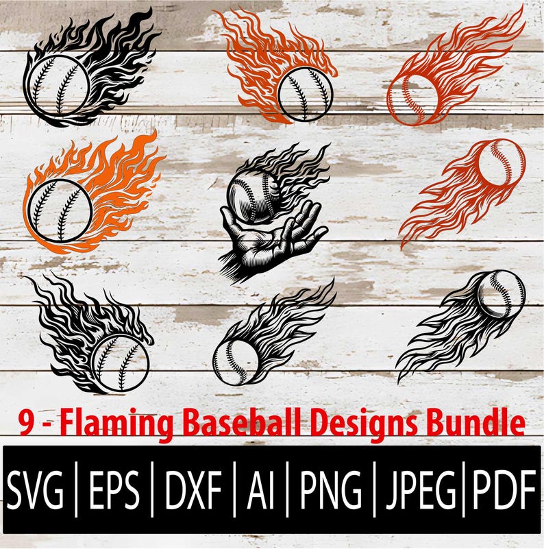 Flaming Baseball SVG Bundle | Fireball Sports Vector | Fast Pitch Clipart for Cricut, Laser, sub, cnc Svg Eps Png Jpg Dxf Ai Pdf Download image 1