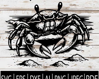May include: Black and white illustration of a crab on a sandy beach with a wooden background. The crab is detailed with its claws extended. The image includes the text "SVG | EPS | DXF | AI | PNG | JPEG | PDF".