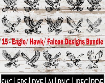 Eagle SVG Bundle | 15 Hawk Falcon Silhouette | Flying Eagle Clipart Eps Png Jpg Dxf Pdf Ai | Tattoo Style Eagle Vector for Cricut Laser sub