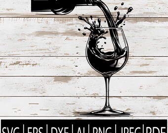 May include: Black and white illustration of a wine bottle pouring into a wine glass, with splashes of wine. The image is set against a light wood background. The bottom of the image contains the text: SVG | EPS | DXF | AI | PNG | JPEG | PDF.