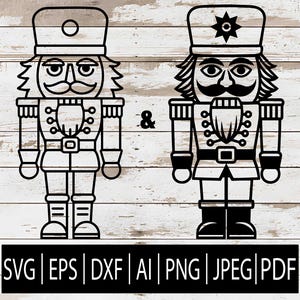 May include: Two black and white nutcracker illustrations with detailed uniforms and facial features. The image includes the text "SVG | EPS | DXF | AI | PNG | JPEG | PDF" at the bottom, indicating file formats.