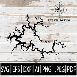Mapa SVG del lago Rough River Kentucky / Mapa de vías navegables de Kentucky Clipart para Cricut, Silhouette, Sublimación, Láser CNC / Svg Png Dxf Pdf Ai Eps