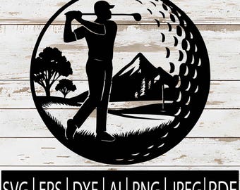 Golf Swing Golfer SVG | Mountain Golf Scene Clipart | Golf Ball Frame Golfer Cut File for Cricut Laser Sub CNC | Svg Eps Png Dxf Pdf Ai Jpg