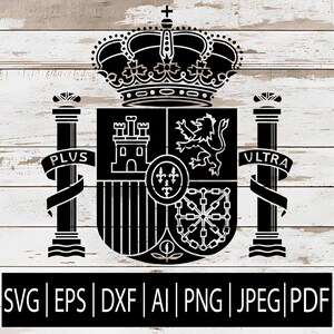 Könnte beinhalten: Schwarz-weiß-Illustration des spanischen Wappens. Das Emblem zeigt eine Krone, Säulen mit den Bannern "PLUS" und "ULTRA" sowie einen Schild mit verschiedenen Symbolen. Darunter die Dateiformatoptionen: SVG, EPS, DXF, AI, PNG, JPEG und PDF.