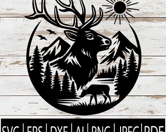 Elk Mountain Scene SVG | Majestic Bull Elk Landscape | Wildlife Forest Sunset Clipart for Cricut Sub Laser CNC | Svg Png Jpg Dxf Pdf Ai Eps