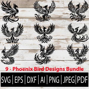 9 Phoenix SVG | Vecteur d'oiseau de feu mythique | Tribal Phoenix Clipart pour Cricut, tatouage, laser sub cnc Eps Png Jpg Dxf Ai Pdf Download