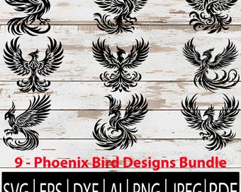 Phoenix SVG Bundle | Mythical Fire Bird Vector | Tribal Phoenix Clipart for Cricut, Tattoo, Laser sub cnc Eps Png Jpg Dxf Ai Pdf Download
