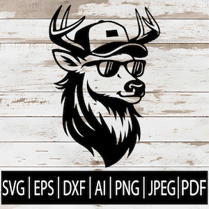 May include: Black and white graphic of a deer head wearing sunglasses and a baseball cap. The deer has large antlers and a full beard. The image includes the file types: SVG, EPS, DXF, AI, PNG, JPEG, and PDF.