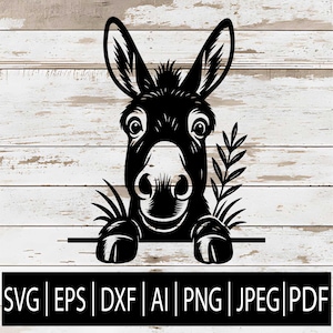 May include: Black and white donkey illustration with large ears and a smiling expression. The donkey is peeking over a horizontal line, with a sprig of leaves on the right. Below the donkey are the file type abbreviations: SVG, EPS, DXF, AI, PNG, JPEG, and PDF.