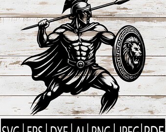 May include: Black and white illustration of a Spartan warrior in a helmet and cape, holding a spear and shield with a lion's head. The image includes the text "SVG | EPS | DXF | AI | PNG | JPEG | PDF".