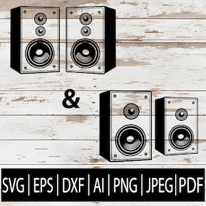 May include: Black and white illustration of four speakers of varying sizes. The speakers are rectangular with circular speaker components. The word "&" is between the two sets of speakers. The bottom of the image has the text "SVG | EPS | DXF | AI | PNG | JPEG | PDF".
