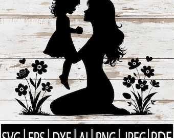 Mother and Daughter Silhouette SVG | Mom and Child Love Clipart | Family clipart for Cricut | Mother's Day Svg Png Jpg Dxf Pdf Ai Eps