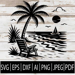 Beach Ocean Scene SVG | Tropical Palms Tree Sunset Design | Summer Vacation Clipart for Cricut Sub Laser CNC | Svg Png Jpg Dxf Pdf Ai Eps