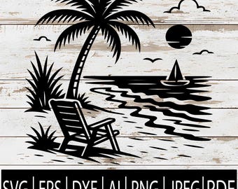 May include: Black and white beach scene illustration featuring a palm tree, beach chair, sailboat, sun, and birds. The image is a vector graphic, with file formats including SVG, EPS, DXF, AI, PNG, JPEG, and PDF.