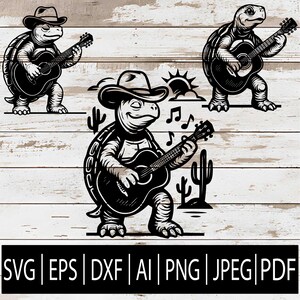 Cool Tortoise Guitar SVG Bundle | 3 Turtle Rock Star Designs | Reptile Band Clipart for Cricut sub Laser cnc | Svg Eps Png Dxf Jpg Pdf Ai