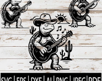 Cool Tortoise Guitar SVG Bundle | 3 Turtle Rock Star Designs | Reptile Band Clipart for Cricut sub Laser cnc | Svg Eps Png Dxf Jpg Pdf Ai