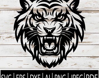 SVG Cabeça de Tigre | Logotipo de Mascote Tigre Rugindo | Clipart para Equipe Esportiva do Ensino Fundamental e Médio para Cricut, Sub-rotina, Laser e CNC | SVG, EPS, PNG, DXF, JPG, PDF e AI