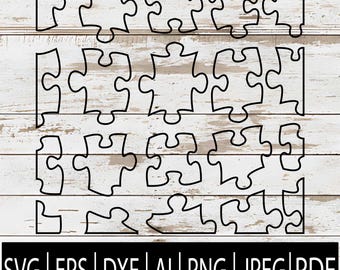 May include: Black outline of puzzle pieces arranged on a light wood grain background. The image includes the file types: SVG, EPS, DXF, AI, PNG, JPEG, and PDF.