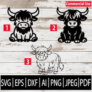 Highland Cow Cartoon SVG Bundle - Cute Farm Animal Vector graphic art for Cricut, Silhouette, Laser cnc |Svg Eps Png Dxf Jpg Pdf Ai Download