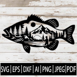 May include: Black silhouette of a fish with a mountain and forest scene inside. A fisherman is casting a line. The image includes the text "SVG | EPS | DXF | AI | PNG | JPEG | PDF".