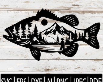 May include: Black silhouette of a fish with a mountain and forest scene inside. A fisherman is casting a line. The image includes the text "SVG | EPS | DXF | AI | PNG | JPEG | PDF".