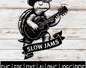 May include: Black and white illustration of a turtle wearing a cowboy hat and playing an acoustic guitar. A banner below reads "SLOW JAMS". The bottom of the image displays file type options: SVG, EPS, DXF, AI, PNG, JPEG, and PDF.