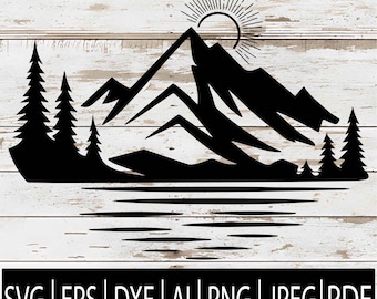 Mountain Lake Sunset SVG | Forest Landscape Scene Silhouette Cut File | Waterscape Clipart for Cricut Laser Sub | Svg Eps Png Dxf Pdf Ai Jpg