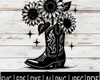 ひまわりのカウボーイブーツレーザー彫刻ファイル svg png dxf eps pdf