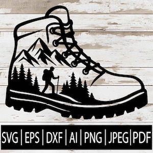 May include: Black silhouette of a hiking boot with a mountain and forest scene inside. A hiker with a backpack and walking stick is depicted. The boot design includes the text "SVG | EPS | DXF | AI | PNG | JPEG | PDF".
