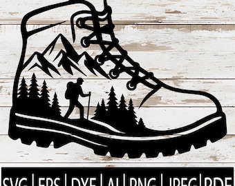 Wandelschoen bergscène SVG | Wandelen silhouet clipart | Adventure Hiker Cut-bestand voor Cricut Sub Cnc Laser | Svg Eps Png Dxf Jpg Pdf Ai