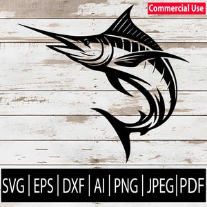 May include: Black and white marlin fish illustration. The image features a stylized marlin leaping upwards, with a long, pointed bill and detailed fins. The words "Commercial Use" are in the top right corner. Below the image are file type abbreviations.