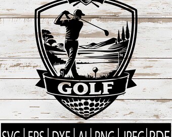 May include: Black and white golf-themed graphic with a golfer mid-swing inside a shield. The word "GOLF" is displayed on a banner. Below the shield are file format abbreviations: SVG, EPS, DXF, AI, PNG, JPEG, and PDF.