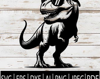 May include: Black and white illustration of a Tyrannosaurus Rex wearing sunglasses. The dinosaur is standing on its hind legs with its tail curved. The image includes the file types: SVG, EPS, DXF, AI, PNG, JPEG, and PDF.